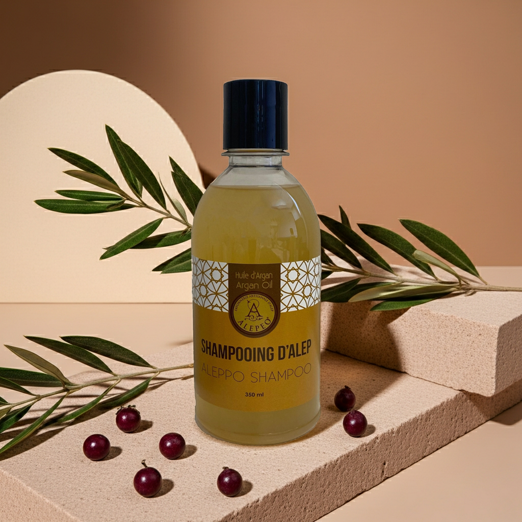 Naturligt Aleppo shampoo i glasflaska på natursten med olivkvistar och laurbär.