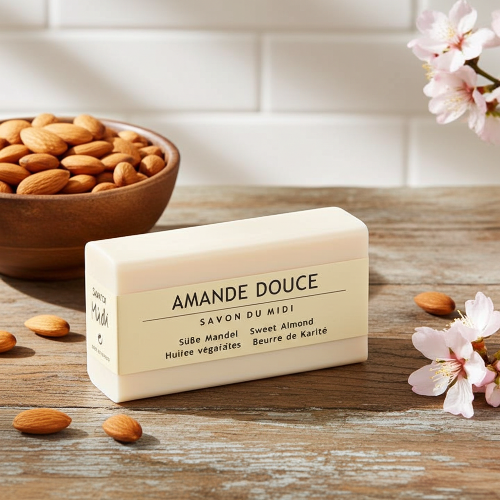 Savon de Midi Mandel Karitétvål 100 g på träyta med mandlar och blommor