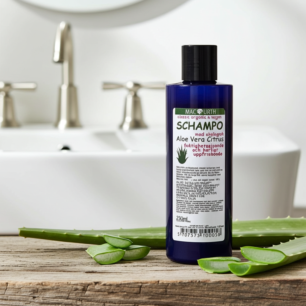 Plastflaska med 250 ml MacUrth Aloe Vera Schampo placerad på träyta med aloe vera