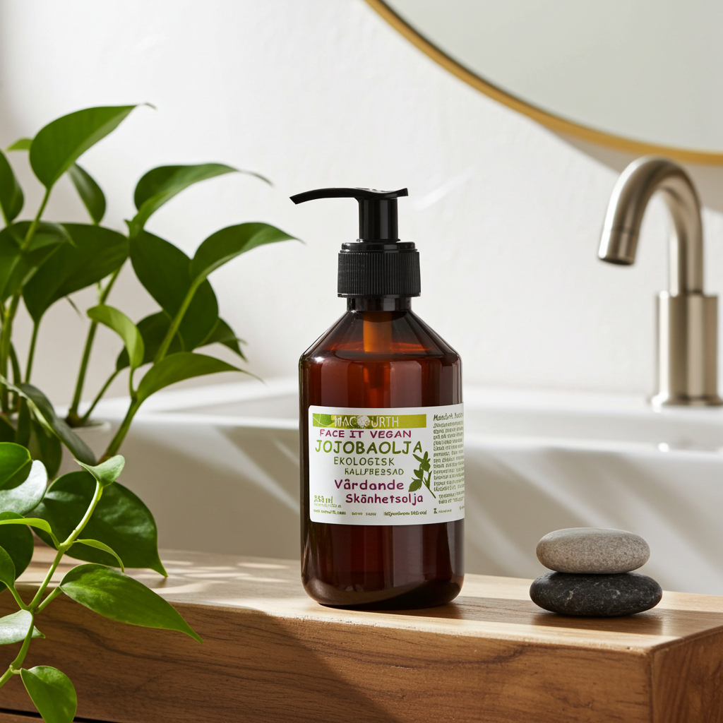 Plastflaska med MacUrth Jojobaolja 250 ml på träyta i badrum med stenar vid sidan.