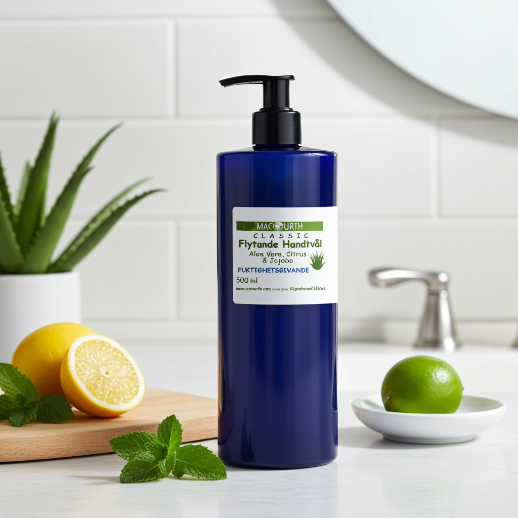 Plastflaska med MacUrth Flytande Handtvål Citrus & Mint på träyta med citrus och mynta runt