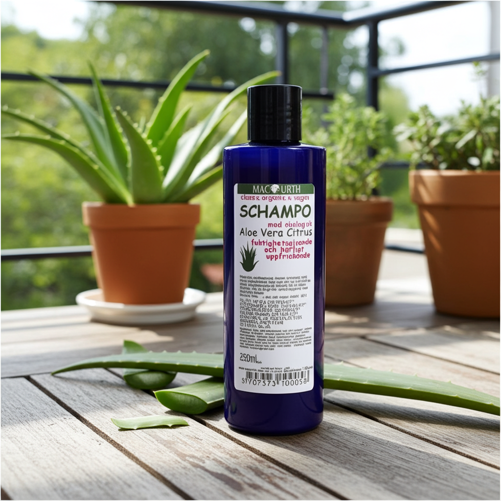 MacUrth Schampo Aloe Vera 250 ml i plastflaska på träyta med färska aloe vera-blad