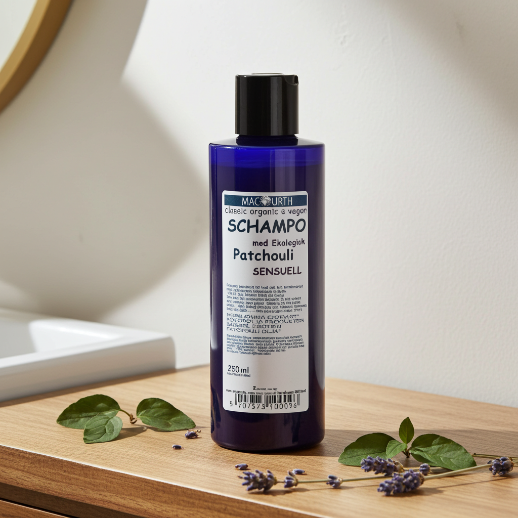 Plastflaska med 250 ml MacUrth Patchouli Schampo placerad på träyta med patchouliblad