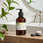 Plastflaska med MacUrth Jojobaolja 250 ml på träyta i badrum med stenar vid sidan.