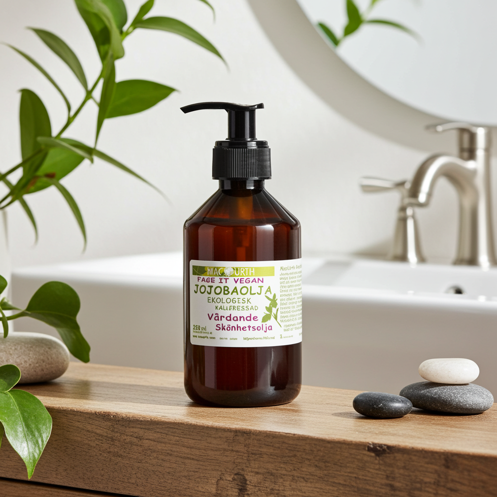 Plastflaska med MacUrth Jojobaolja 250 ml på träyta i badrum med stenar vid sidan.
