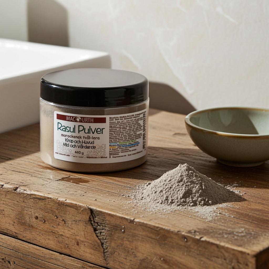 Plastburk med MacUrth Moroccan Rhassoul Clay Powder 440 g placerad på träyta med lite pulver bredvid