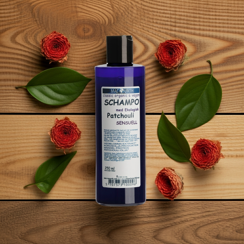 Plastflaska med MacUrth Patchouli Schampo 250 ml på träyta med patchouliblad runt