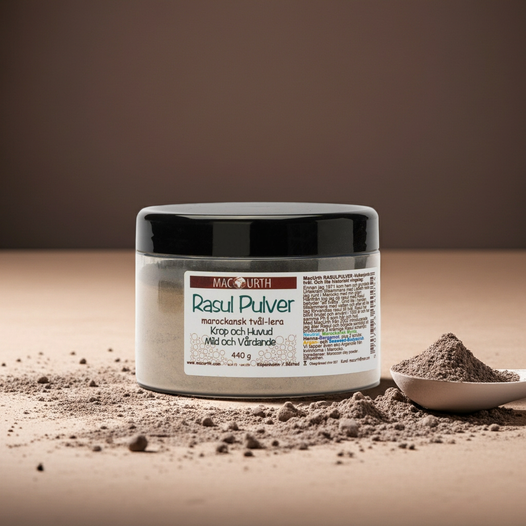 Plastburk med MacUrth Rasulpulver Marockansk Tvål-lera 440 g på träyta med lite pulver runt