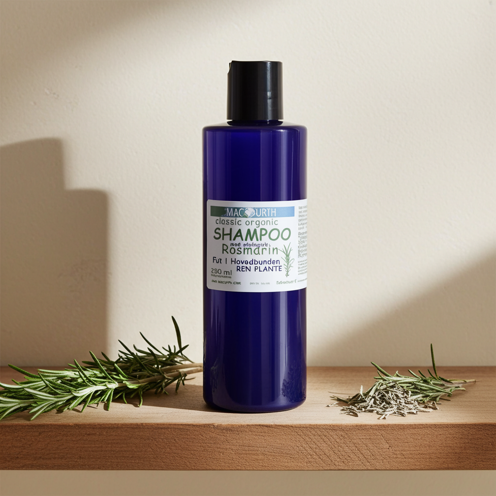 MacUrth shampoo med naturliga örter, rosmarin och Provencalska örter runt flaskan.