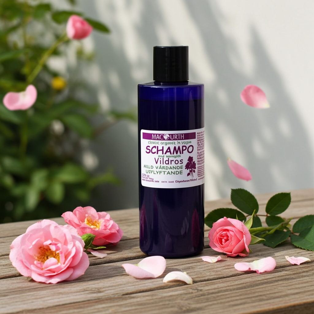 Plastflaska med MacUrth Vildros shampoo omgiven av färska vildrosblommor och kronblad på träyta, varmt ljus och mjuka skuggor