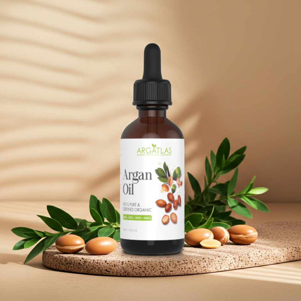 Ren arganolja från Marocko i mörk glasflaska omgiven av argannötter och marockansk dekor.