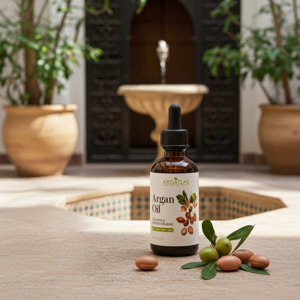 Ren arganolja från Marocko i mörk glasflaska omgiven av argannötter och marockansk dekor.