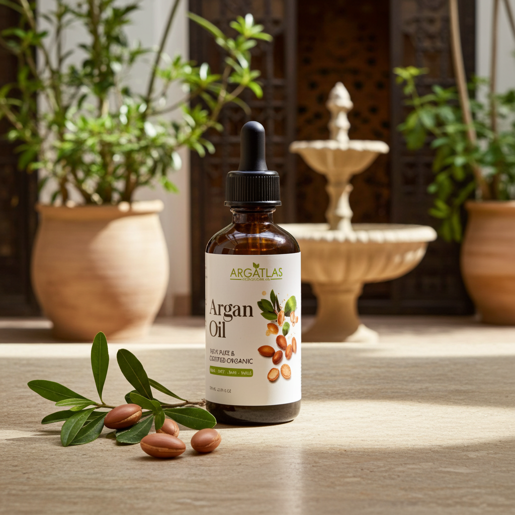 Ren arganolja från Marocko i mörk glasflaska omgiven av argannötter och marockansk dekor.