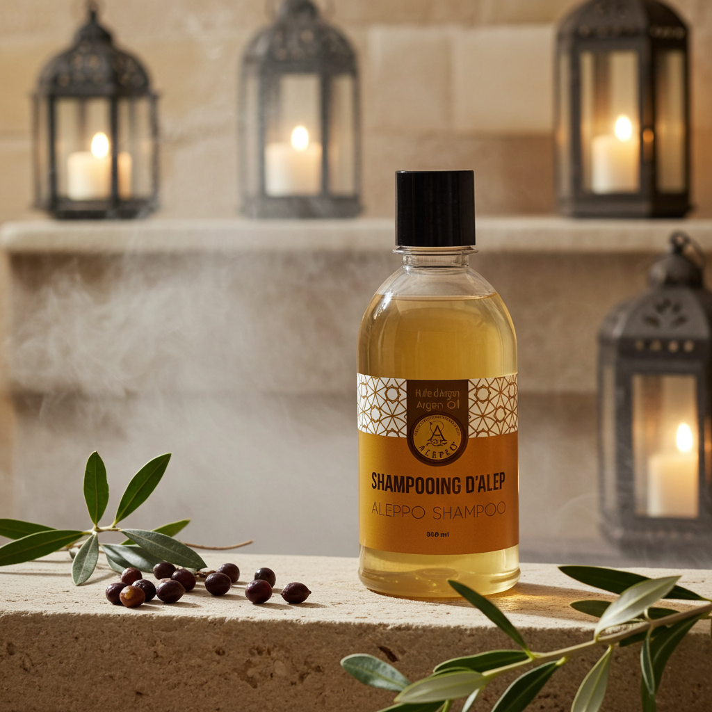 Flaska Aleppo shampoo på sten med laurbär och olivkvistar, neutral bakgrund.