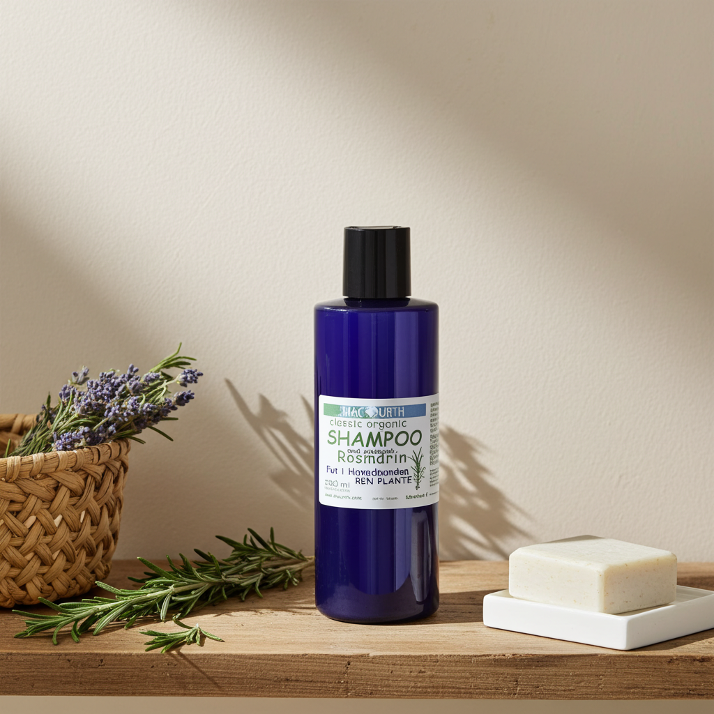 MacUrth schampo i plastflaska placerad på platt underlag med färska rosmarinblad och torkade örter runt flaskan.