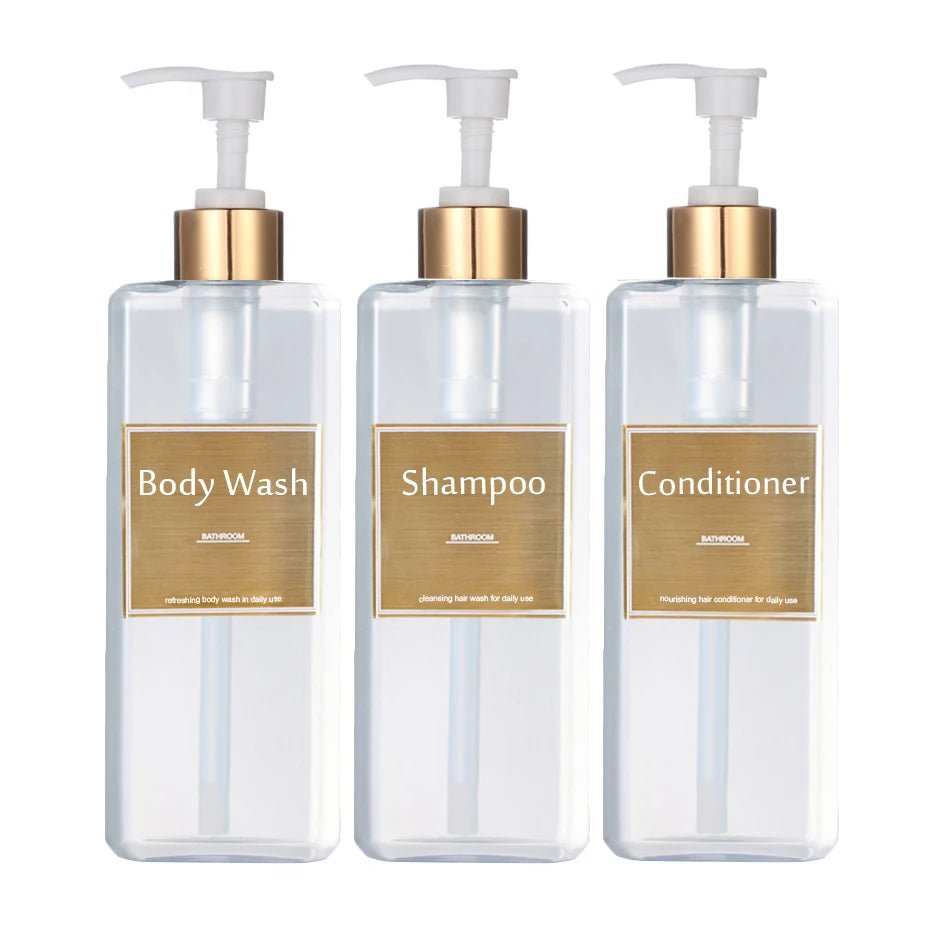 500ml/16.9oz Shampoo Dispenser Press Pump Bottle with Gold Waterproof Labels Bathroom Shampoo Conditioner Body Wash Bottles - UNAKIT