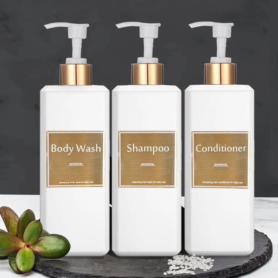 500ml/16.9oz Shampoo Dispenser Press Pump Bottle with Gold Waterproof Labels Bathroom Shampoo Conditioner Body Wash Bottles - UNAKIT