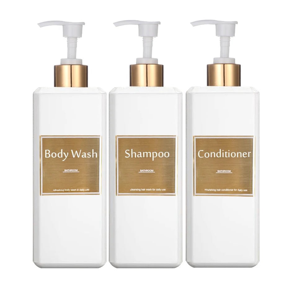 500ml/16.9oz Shampoo Dispenser Press Pump Bottle with Gold Waterproof Labels Bathroom Shampoo Conditioner Body Wash Bottles - UNAKIT