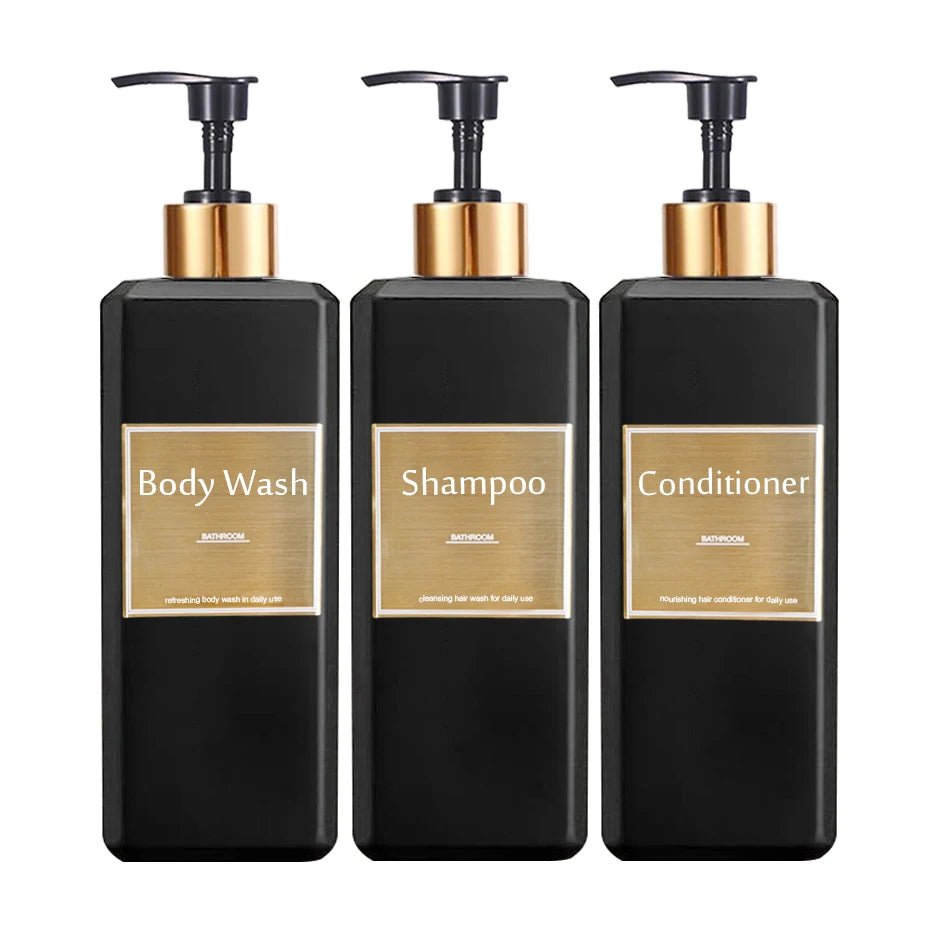 500ml/16.9oz Shampoo Dispenser Press Pump Bottle with Gold Waterproof Labels Bathroom Shampoo Conditioner Body Wash Bottles - UNAKIT