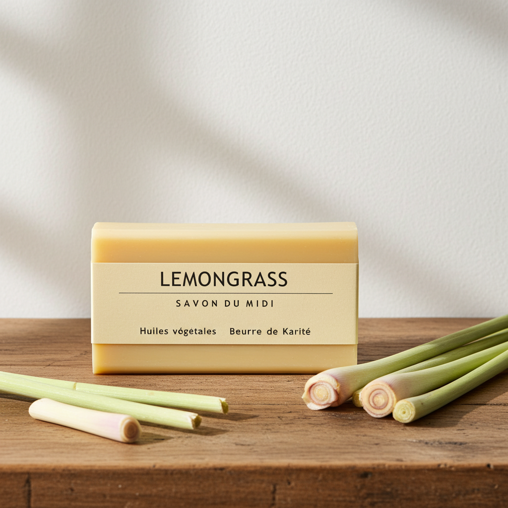 Handgjord citrongräs-tvål 100 g från Savon de Midi på träyta med citrongräs