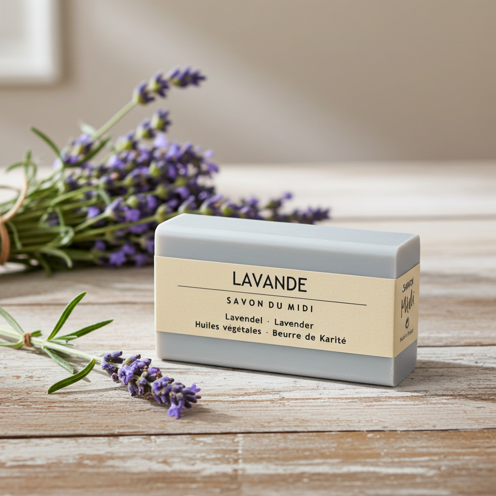 Savon de Midi handgjord lavendeltvål 100 g på träyta med lavendelblommor