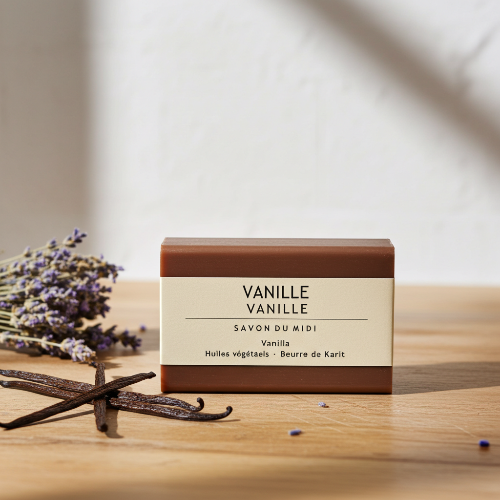 Savon de Midi handgjord vaniljtvål 100 g på träyta med vaniljstänger