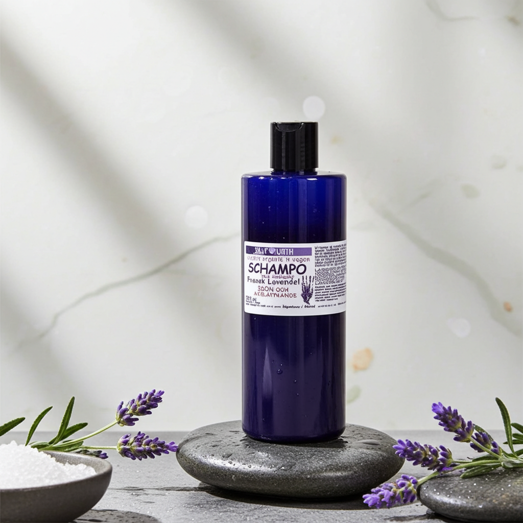 Plastflaska med schampo placerad på ett stenunderlag omgiven av lavendel och ett neutralt ljus