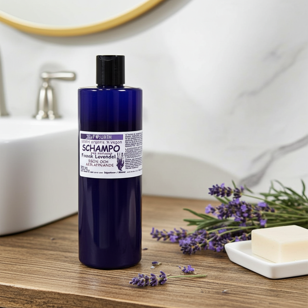 Plastflaska med schampo stående på en träyta med lavendelkvistar bredvid i mjukt naturligt ljus