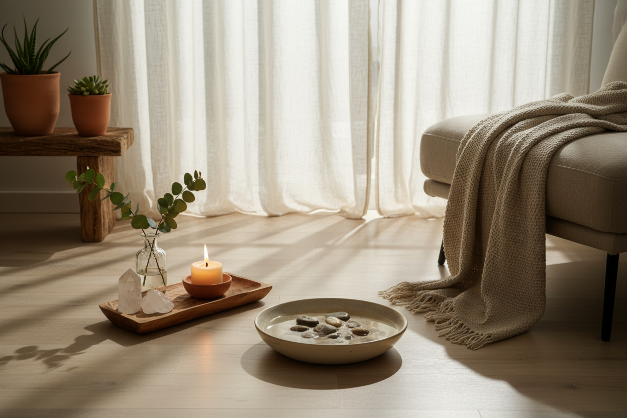 A serene, meditative scene blending home and nature, evoking wellness and calm. Sunlight filters through sheer curtains, reflecting softly on water in a small bowl with smooth pebbles. Natural textures of wood, linen, and stone. A candle flickers gently, casting warm golden light. Soft highlights on glass or crystal elements, creating reflections and subtle glimmer. Earthy, muted palette: sand, beige, soft greens, warm amber. Minimal, elegant composition, feeling cozy, inviting, and harmonious, like a quiet